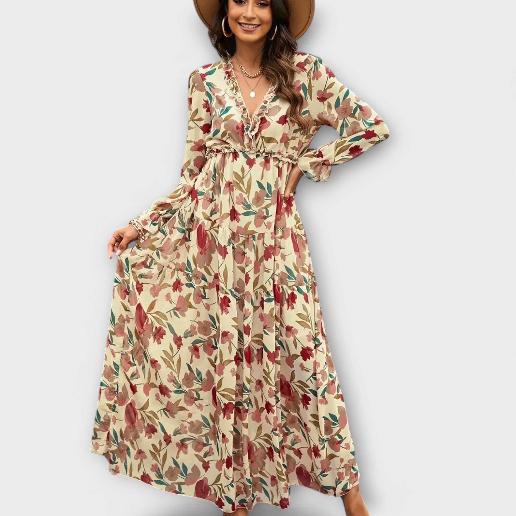 Aurora – Rochie maxi florală cu volănașe