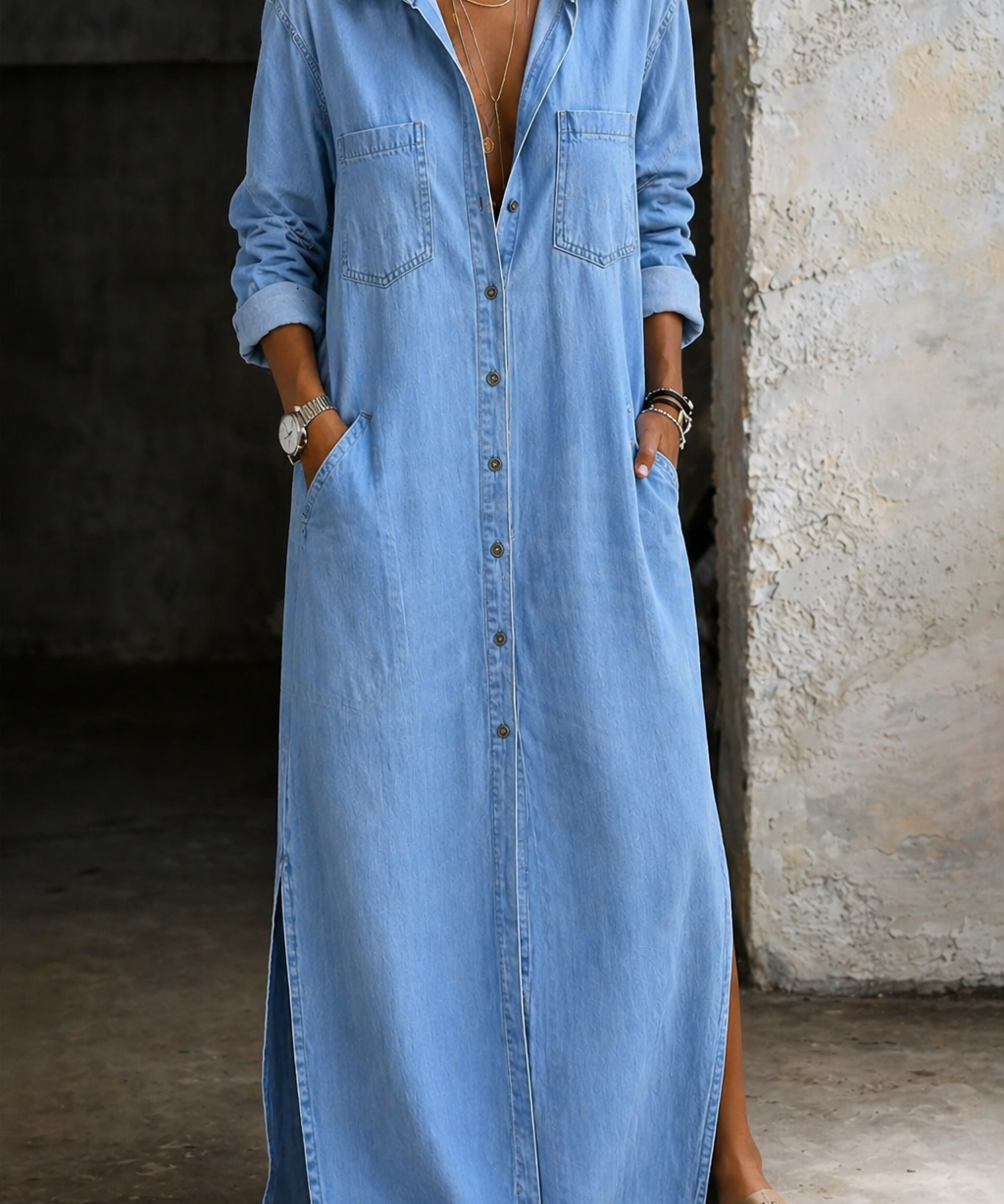 Mihaiela – Rochie-cămașă lungă din denim