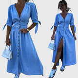 Teona – Rochie denim cu fundițe