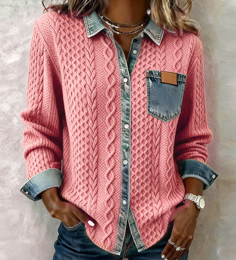 Tamara – Cardigan roz cu guler denim