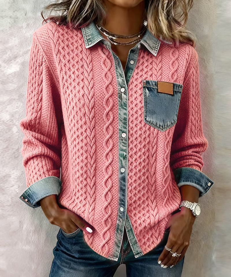 Tamara – Cardigan roz cu guler denim