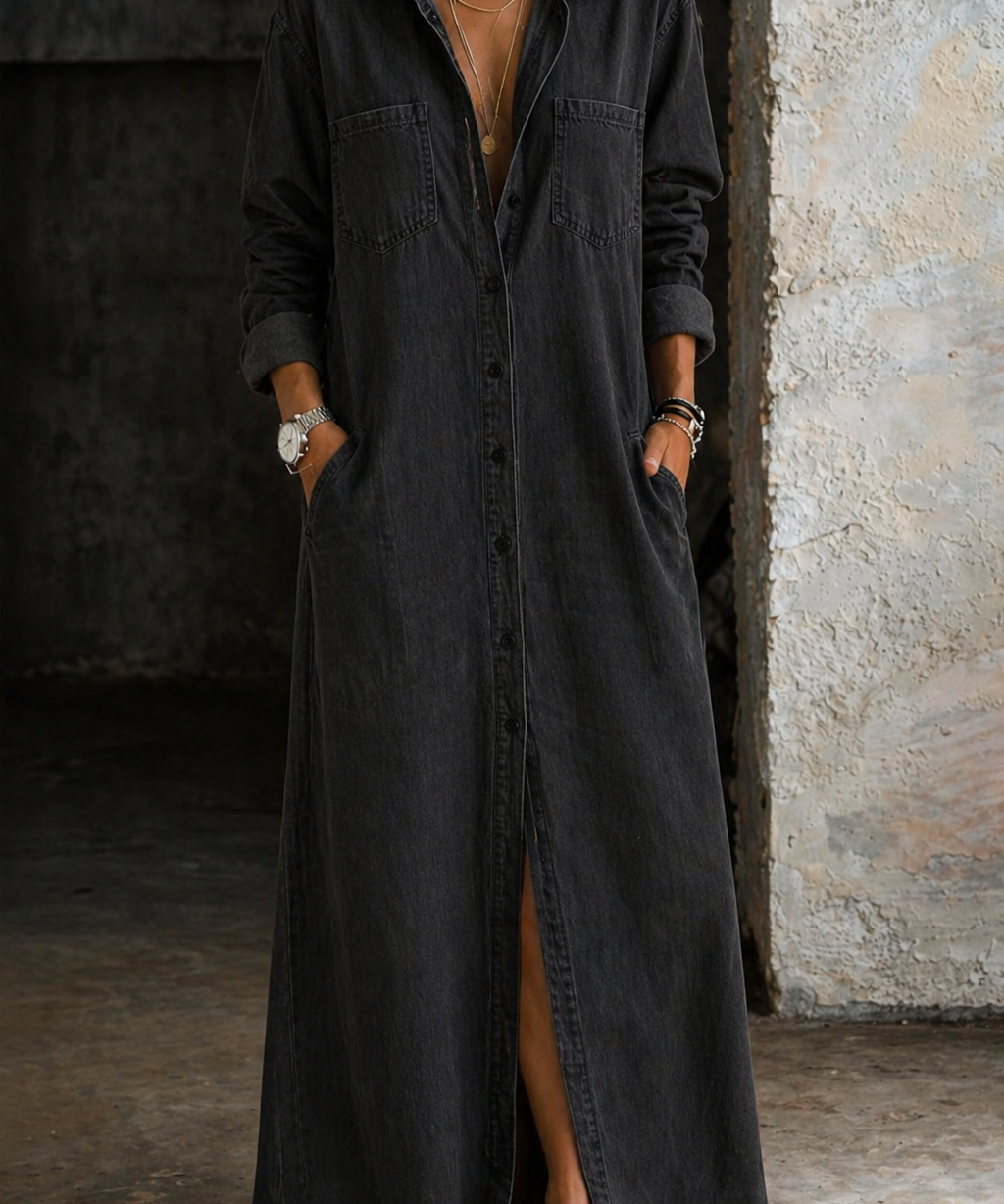 Mihaiela – Rochie-cămașă lungă din denim