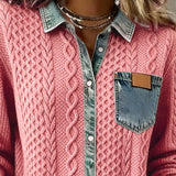 Tamara – Cardigan roz cu guler denim