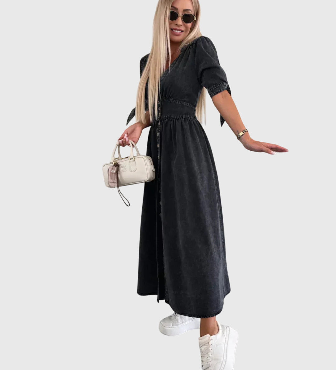 Teona – Rochie denim cu fundițe