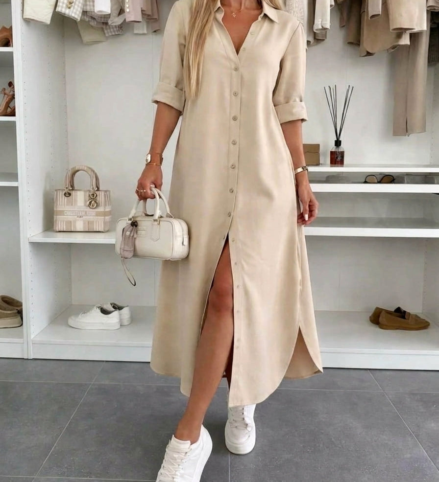 Sorana – Rochie cămașă maxi fluidă
