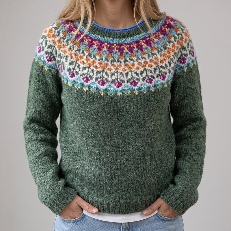 Krisztina – Pulover verde cu jug colorat