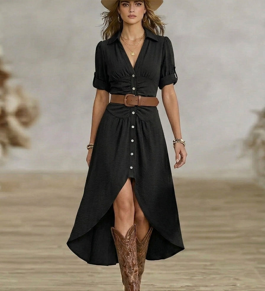 Cerasela – Rochie-cămașă maxi cu curea