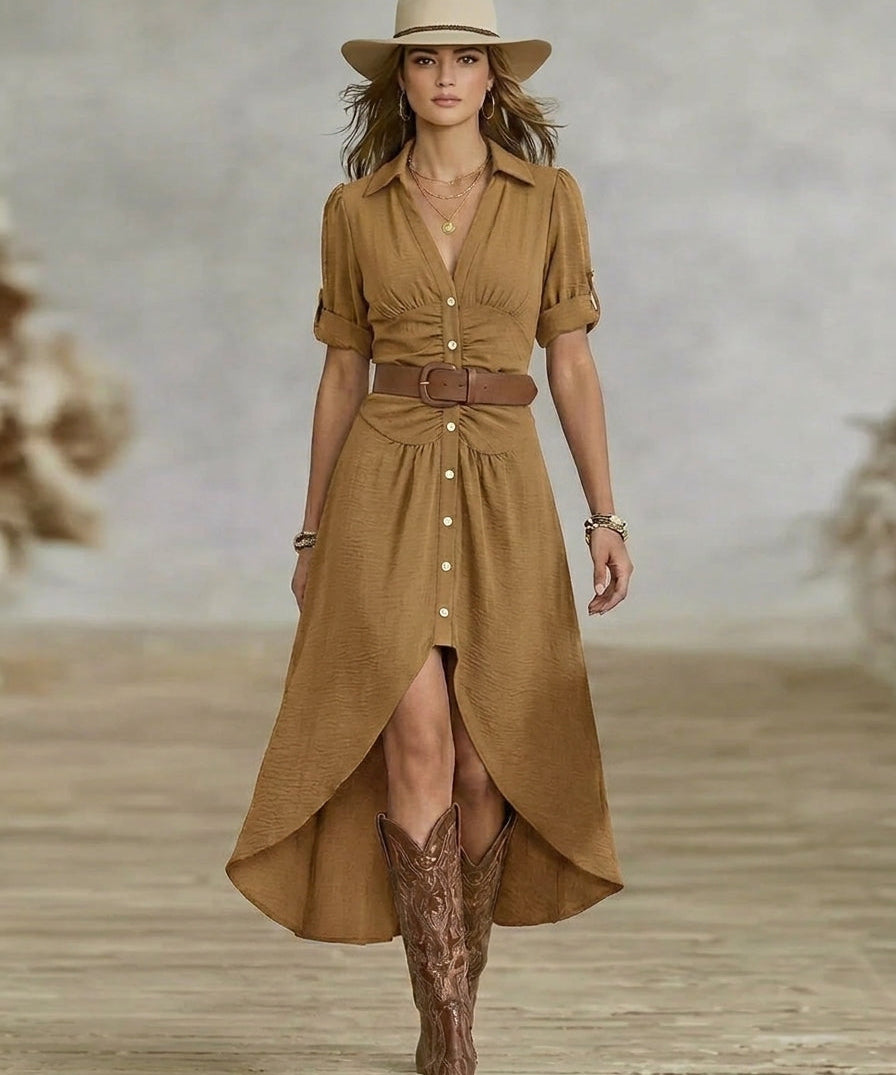Cerasela – Rochie-cămașă maxi cu curea