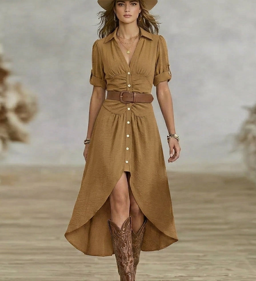 Cerasela – Rochie-cămașă maxi cu curea