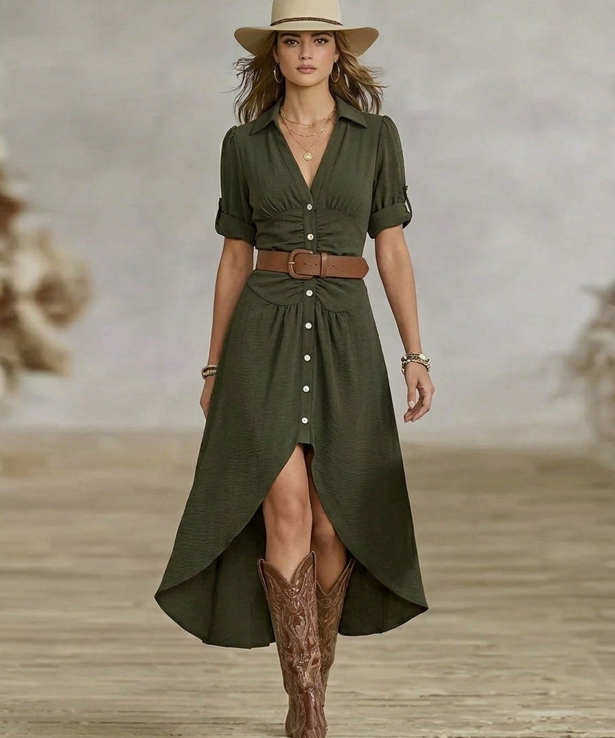 Cerasela – Rochie-cămașă maxi cu curea