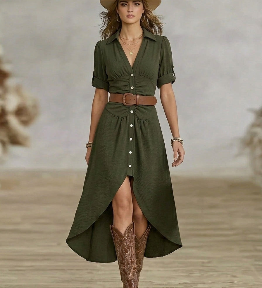 Cerasela – Rochie-cămașă maxi cu curea