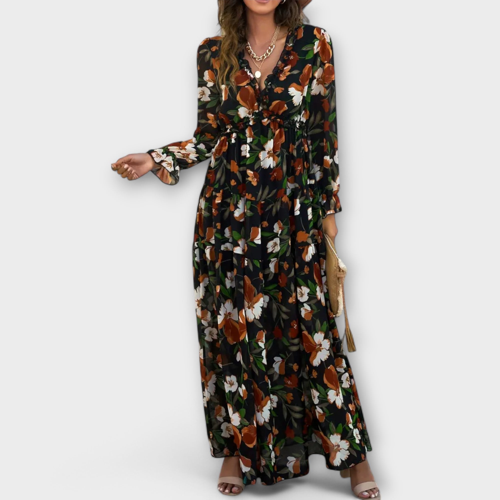Aurora – Rochie maxi florală cu volănașe