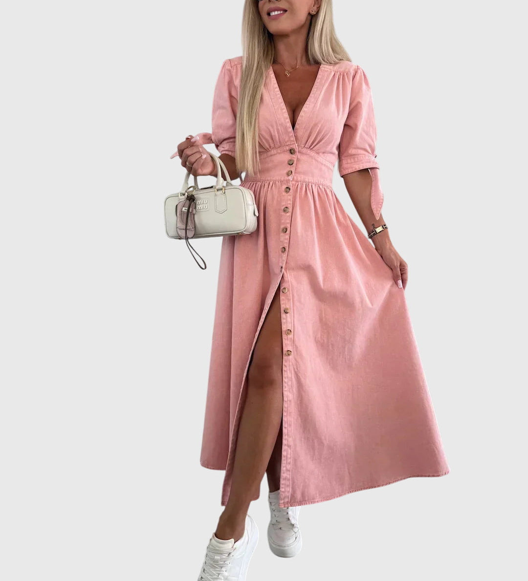 Teona – Rochie denim cu fundițe