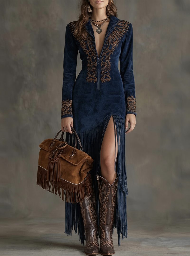 Lia – Rochie maxi western cu franjuri