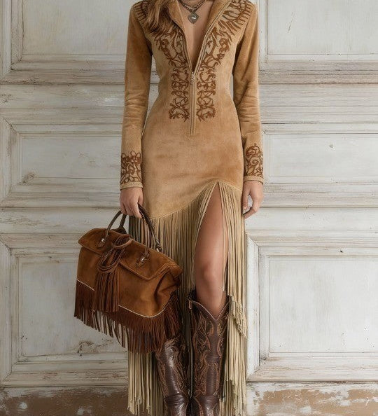Lia – Rochie maxi western cu franjuri
