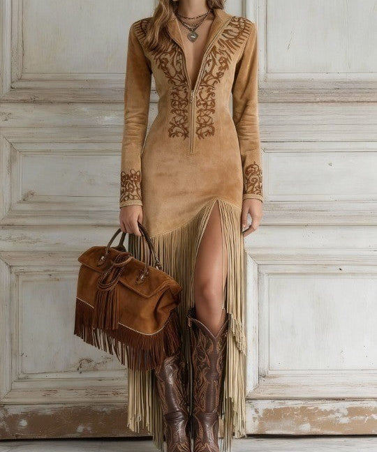 Lia – Rochie maxi western cu franjuri